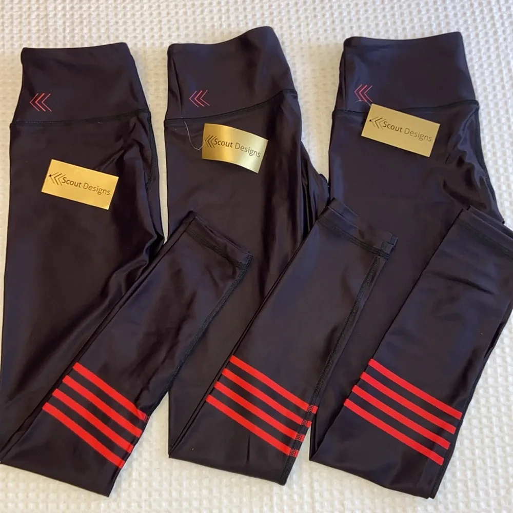 NEW! $78 SCOUT DESIGNS XS SMALL Black Leggings Red Stripes - Picture 2 of 16